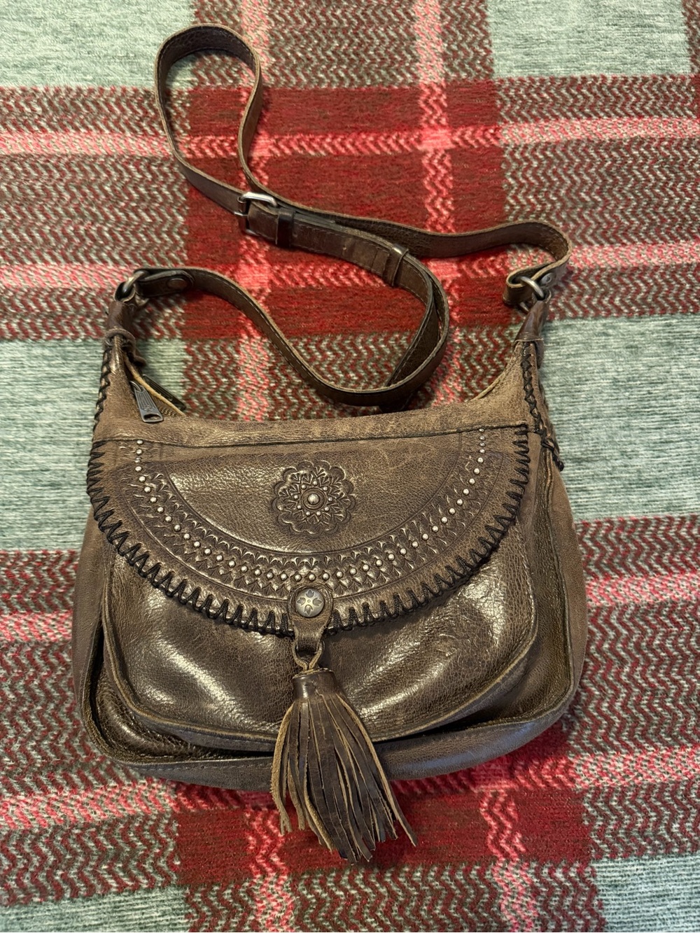 Patricia Nash Distressed Brown Leather Crossbody Bag with Tassel